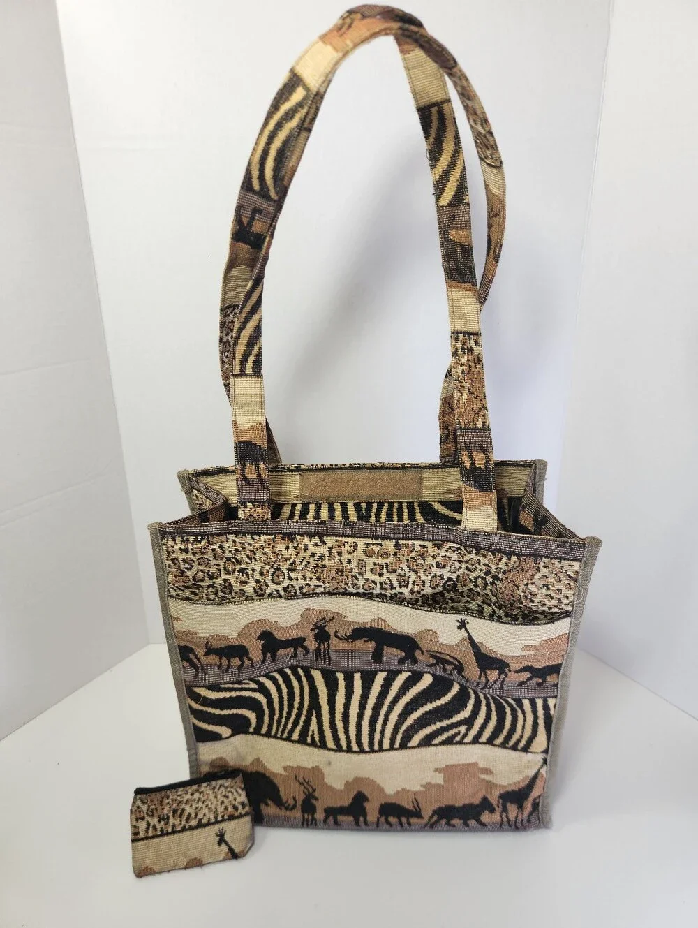 Jade Safari Animal Print Tapestry Zip Purse Tote Bag w/ Coin Purse Pockets